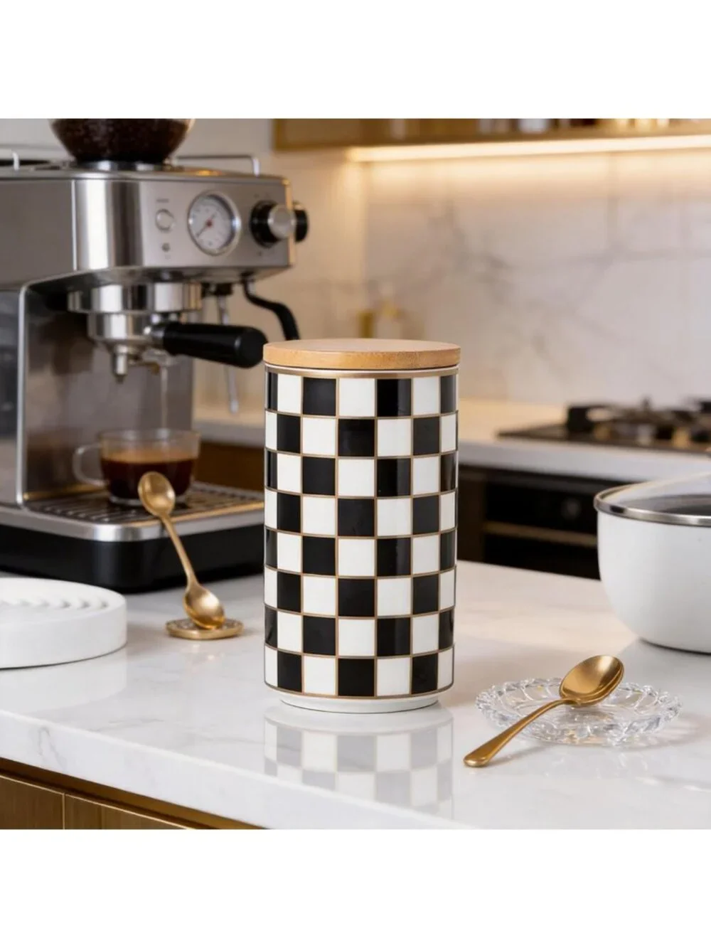 Stylish Black & White Checkered Ceramic Canisters - Airtight Food Storage for